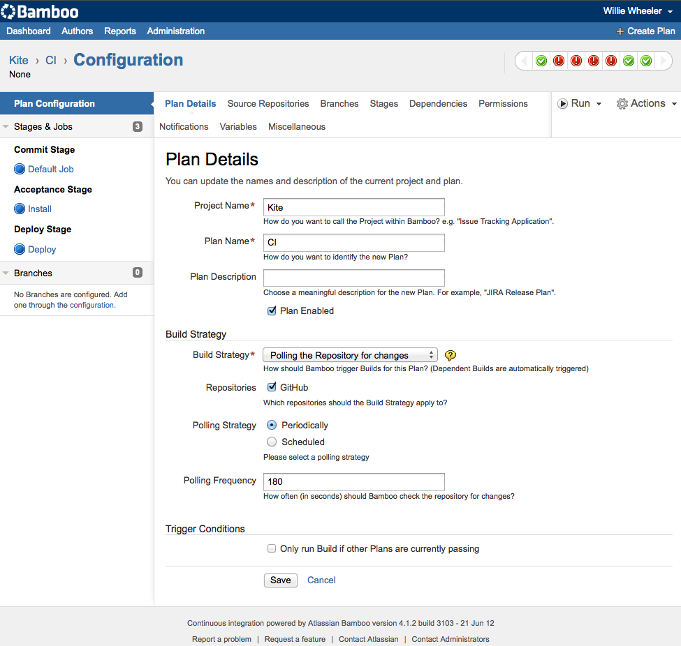 Bamboo build plan with commit, acceptance and deploy stages